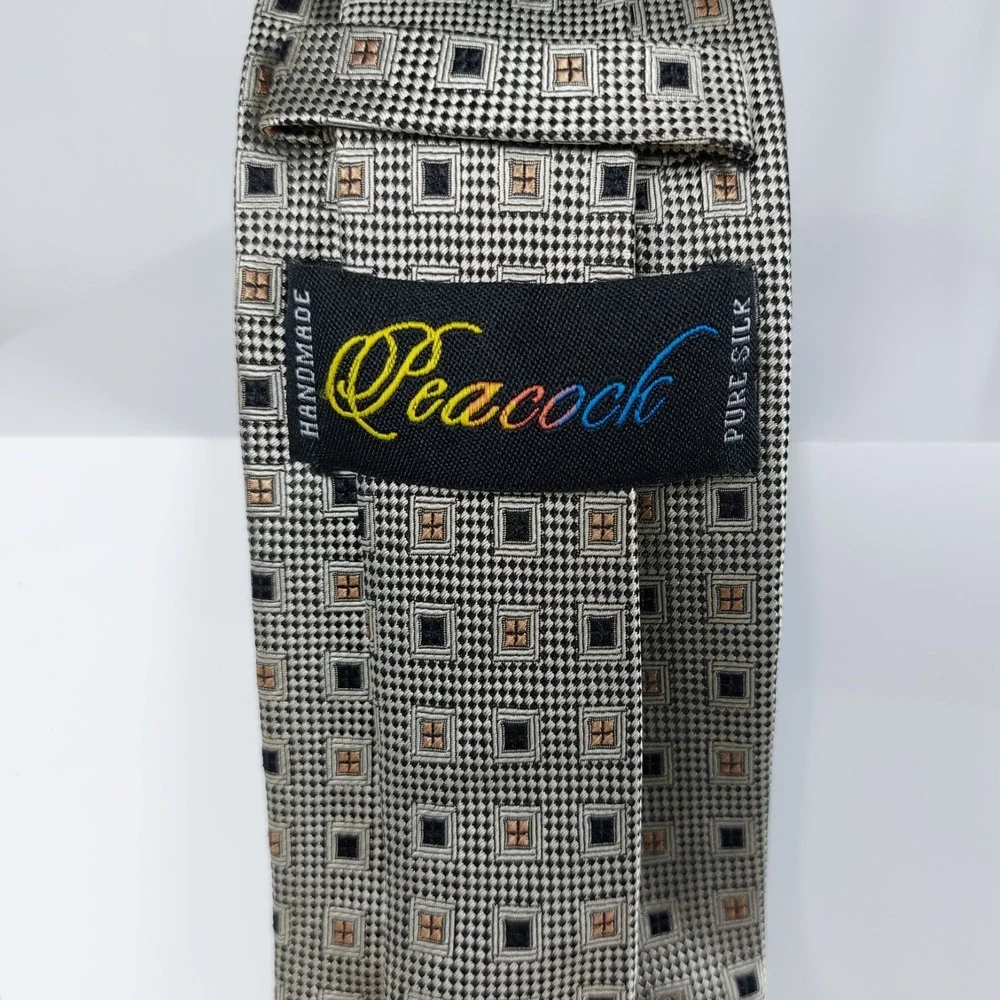 Peacock Men's Silk Tie Geometric Pattern Tan‎ Black Beige Handmade 3